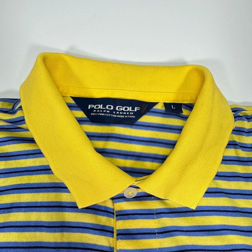 Polo Golf Ralph Lauren Mens L Yellow Blue Striped Pima Cotton Golf Polo Shirt
